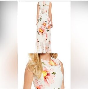 Karl Lagerfeld Paris White Pink Yellow Floral Maxi High-Neck Flounce Dress Sz 12